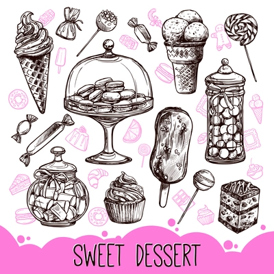 Sweet dessert set with hand drawn cupcakes candies and macarons vector illustration