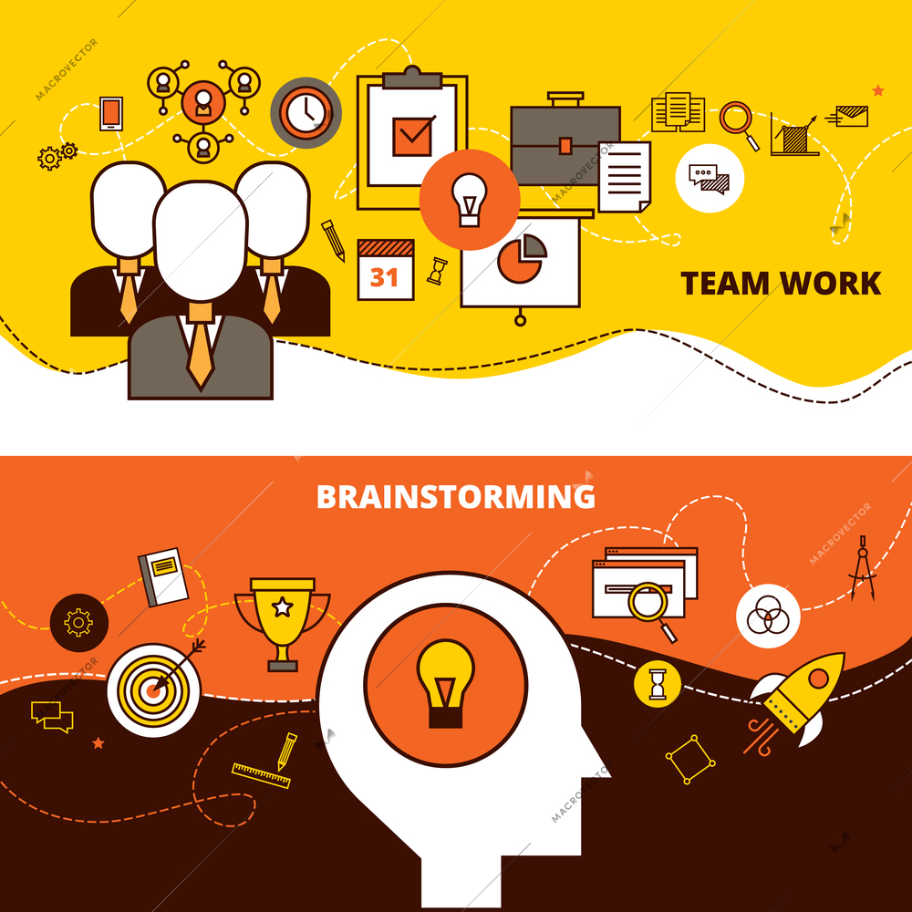 Business concept horizontal banners set with teamwork and brainstorming flat isolated line vector illustration