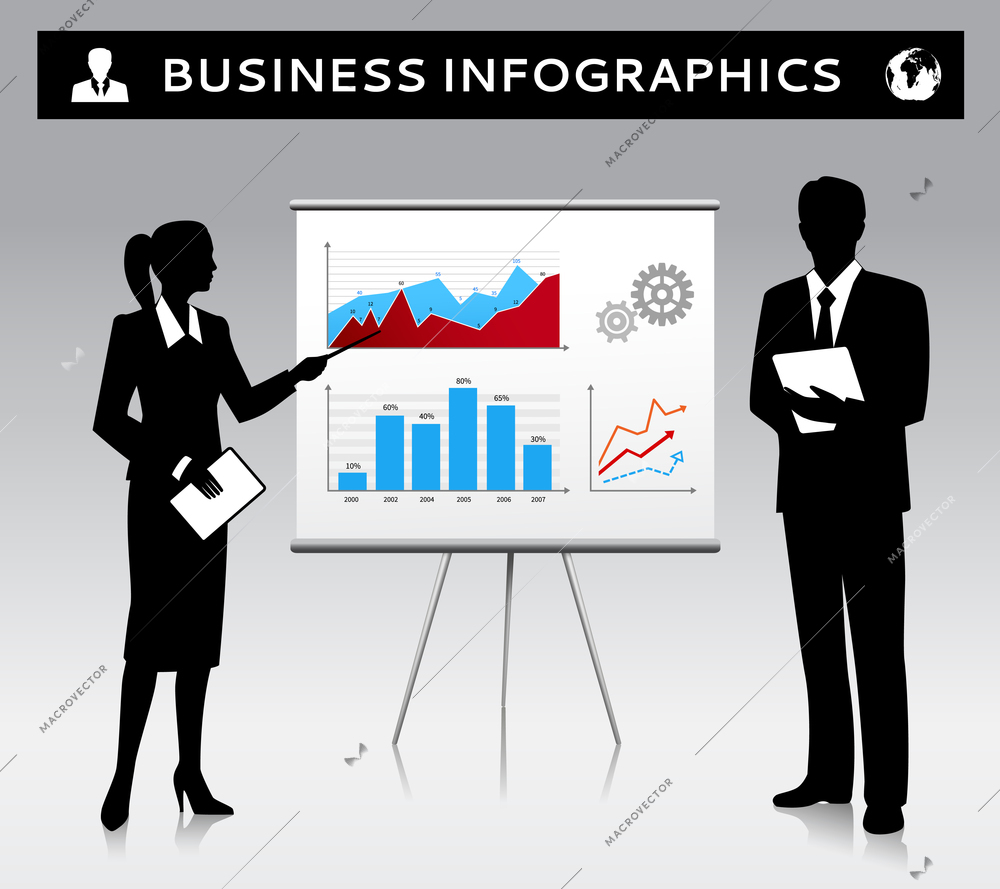 Flipchart presentation template with businessman and businesswoman silhouettes vector illustration