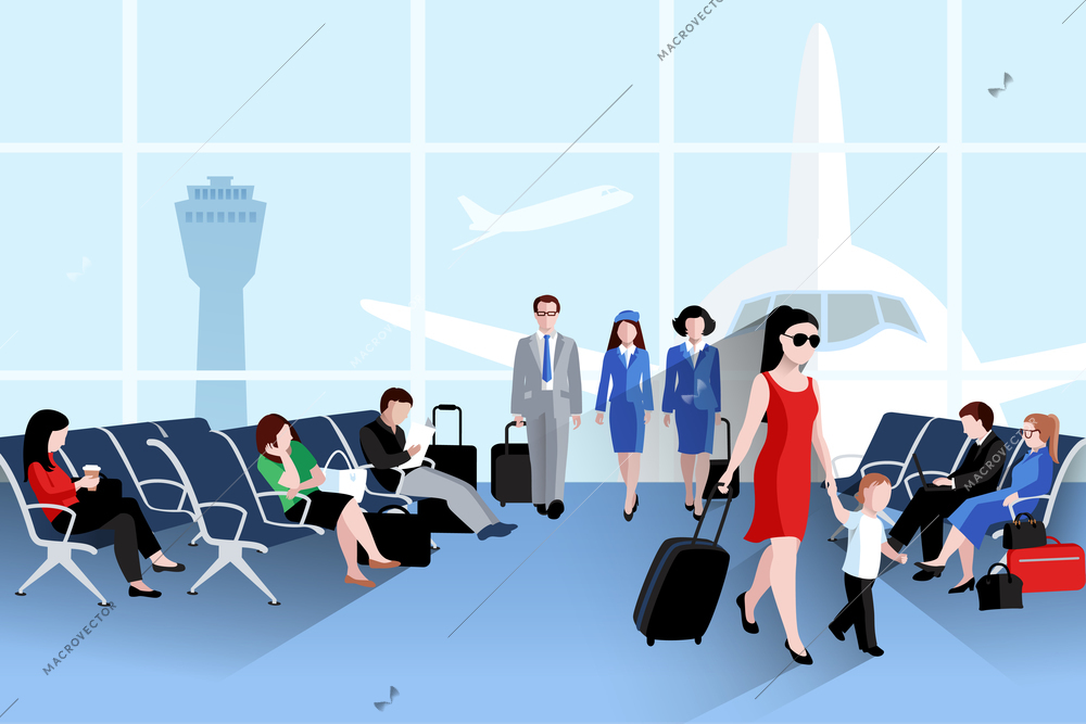 People on airport composition with plane window and luggage flat vector illustration