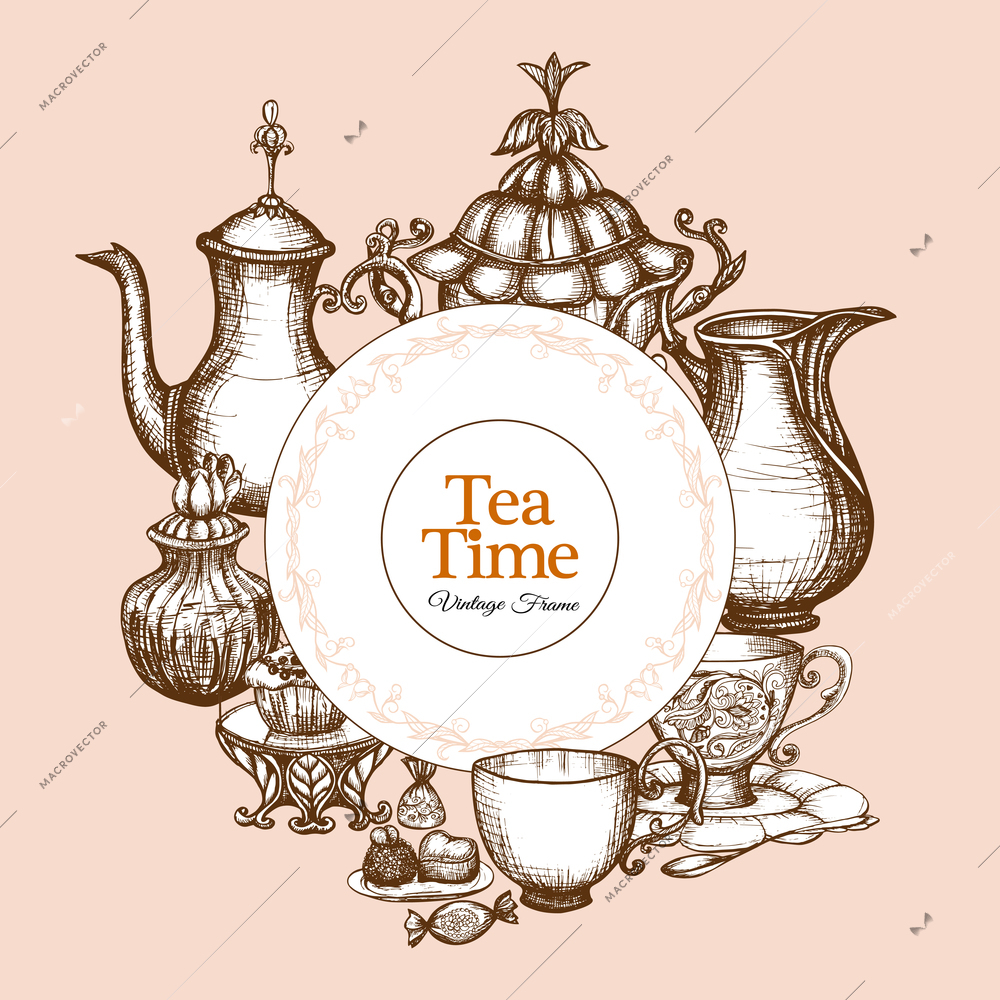 Vintage tea frame with traditional sketch kitchen utencil vector illustration