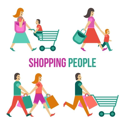 People in shopping center flat icons set isolated vector illustration