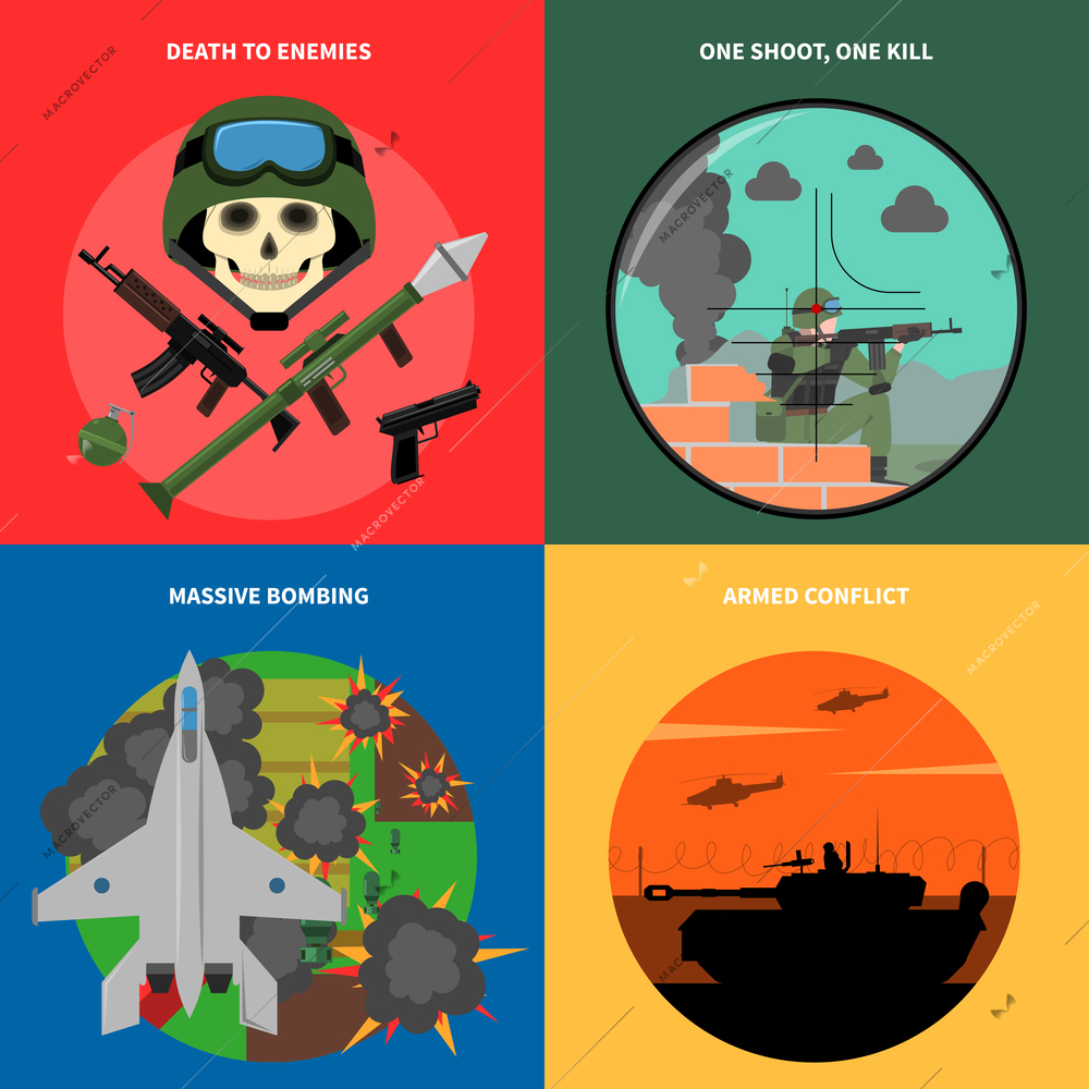 War concept icons set with death to enemies massive bombing and armed conflict symbols flat isolated vector illustration