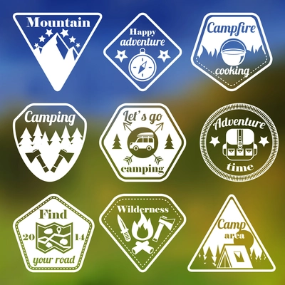 Outdoors tourism camping flat emblems set of mountain trees and nature isolated vector illustration