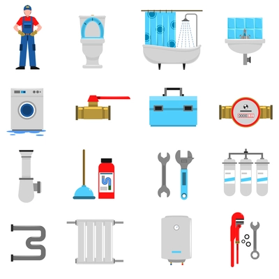 Plumbing service flat icons set with plunger bathroom equipment  isolated vector illustration