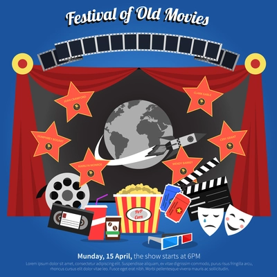 Movie festival poster with film industry symbols flat vector illustration