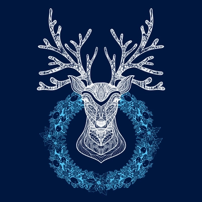 Christmas wreath with deer head hand drawn on blue background vector illustration