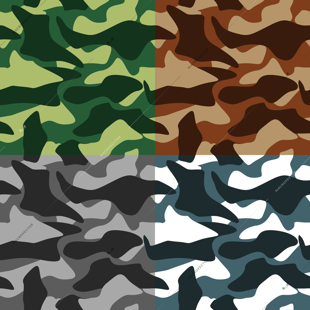Army camouflage in different colors icons set flat isolated vector illustration