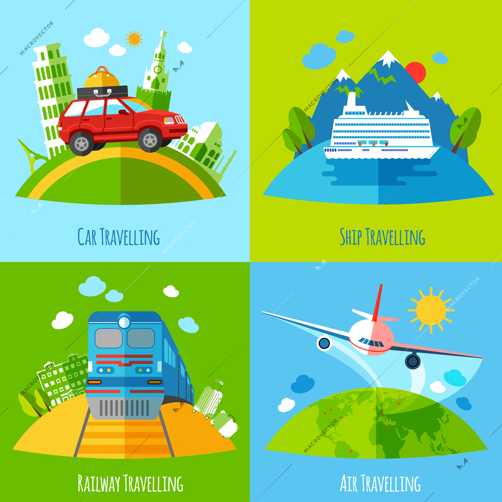 Vacation travel 4 flat icons square with ship rail aviation and land transport abstract isolated vector illustration