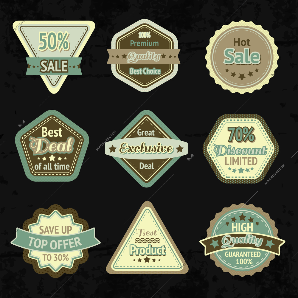 Sale labels and badges design set for best price high quality and exclusive deal isolated vector illustration