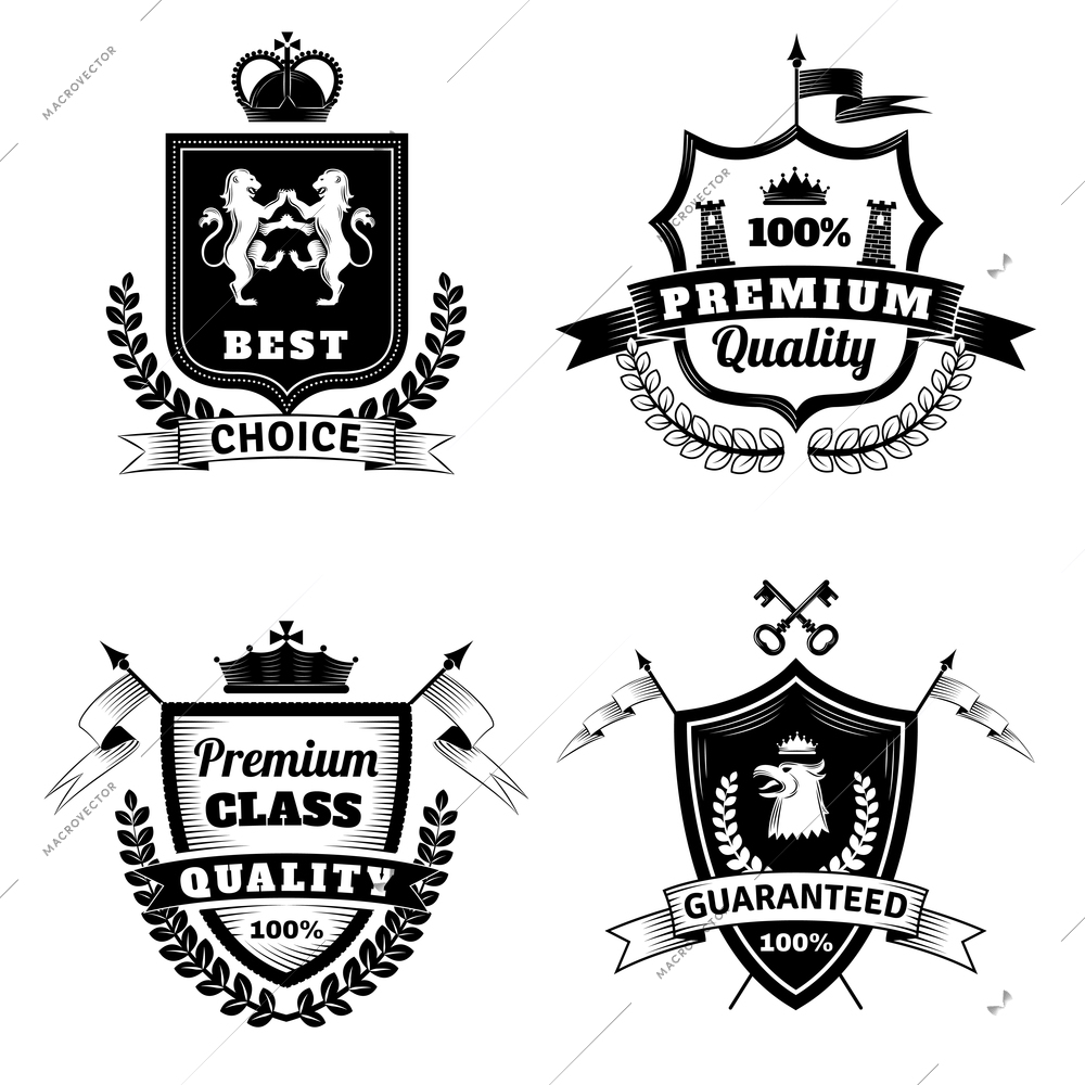 Heraldic best choice black white emblems set with coat of arms flat isolated vector illustration