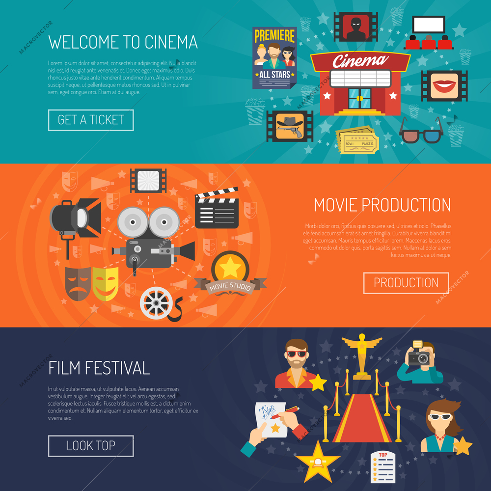 Movie banner horizontal set with film festival flat elements isolated vector illustration