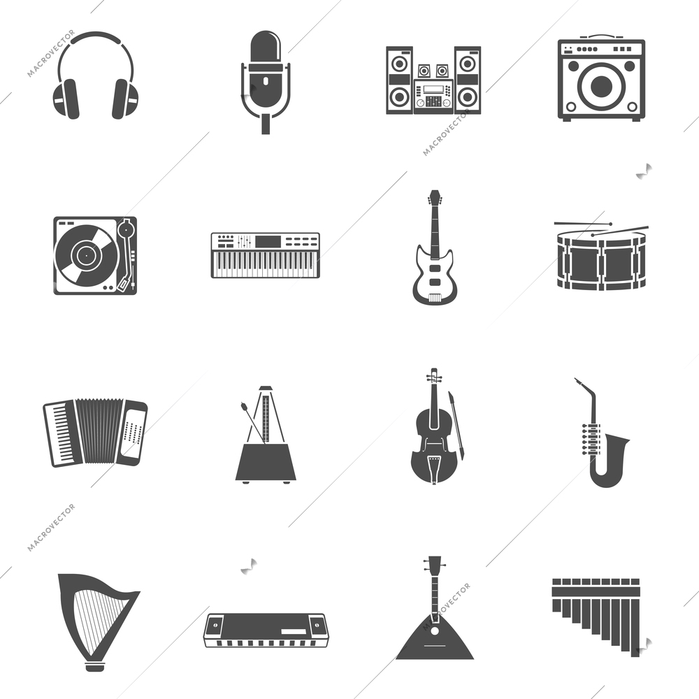 Musical Instruments and tunes black white icons set with violin guitar and stereo system flat isolated vector illustration