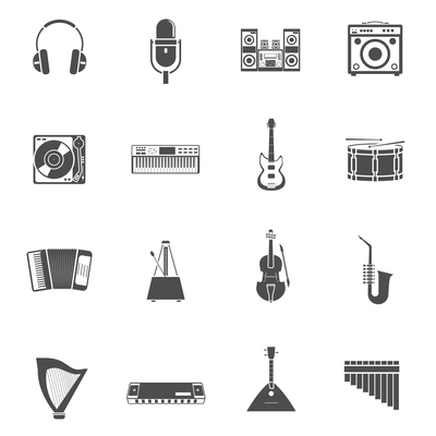 Musical Instruments and tunes black white icons set with violin guitar and stereo system flat isolated vector illustration