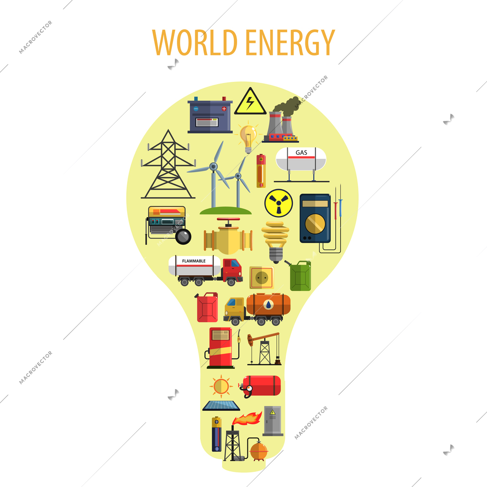 World energy and power lamp concept with windmills batteries and gas stations flat vector illustration