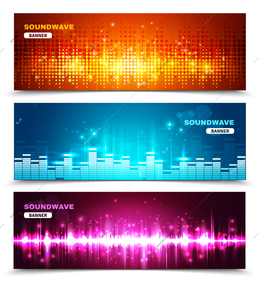 Audio equalizer sound wave display 3 horizontal banners set in vivid bright colors abstract isolated vector illustration