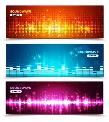 Audio equalizer sound wave display 3 horizontal banners set in vivid bright colors abstract isolated vector illustration