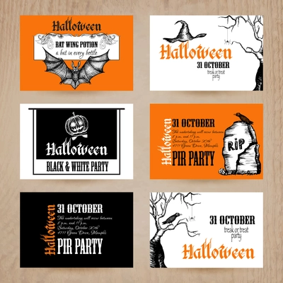 Halloween party invitation card set with holiday symbols hand drawn isolated vector illustration