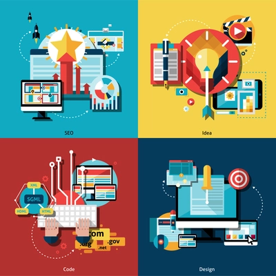 Creative project and ideas icons set with web codes design and SEO flat isolated vector illustration