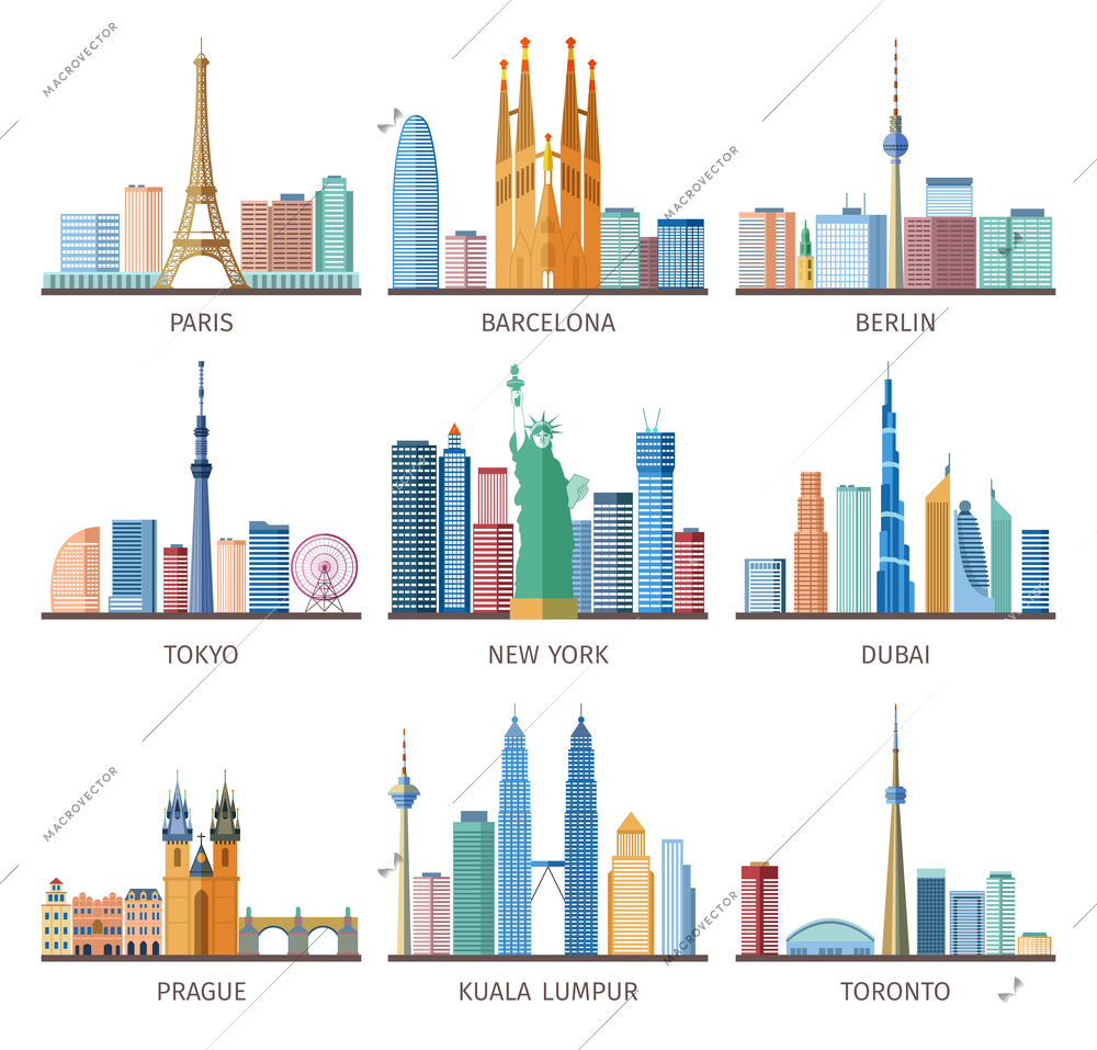 Cities skylines icons set around the world with Eiffel tower and Statue of Liberty flat isolated vector illustration