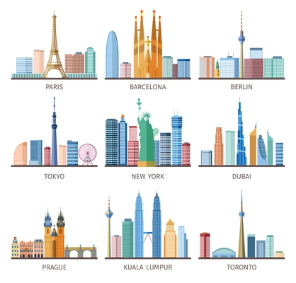 Cities skylines icons set around the world with Eiffel tower and Statue of Liberty flat isolated vector illustration