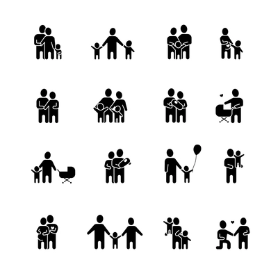 Family black white icons set with man woman and children flat isolated vector illustration