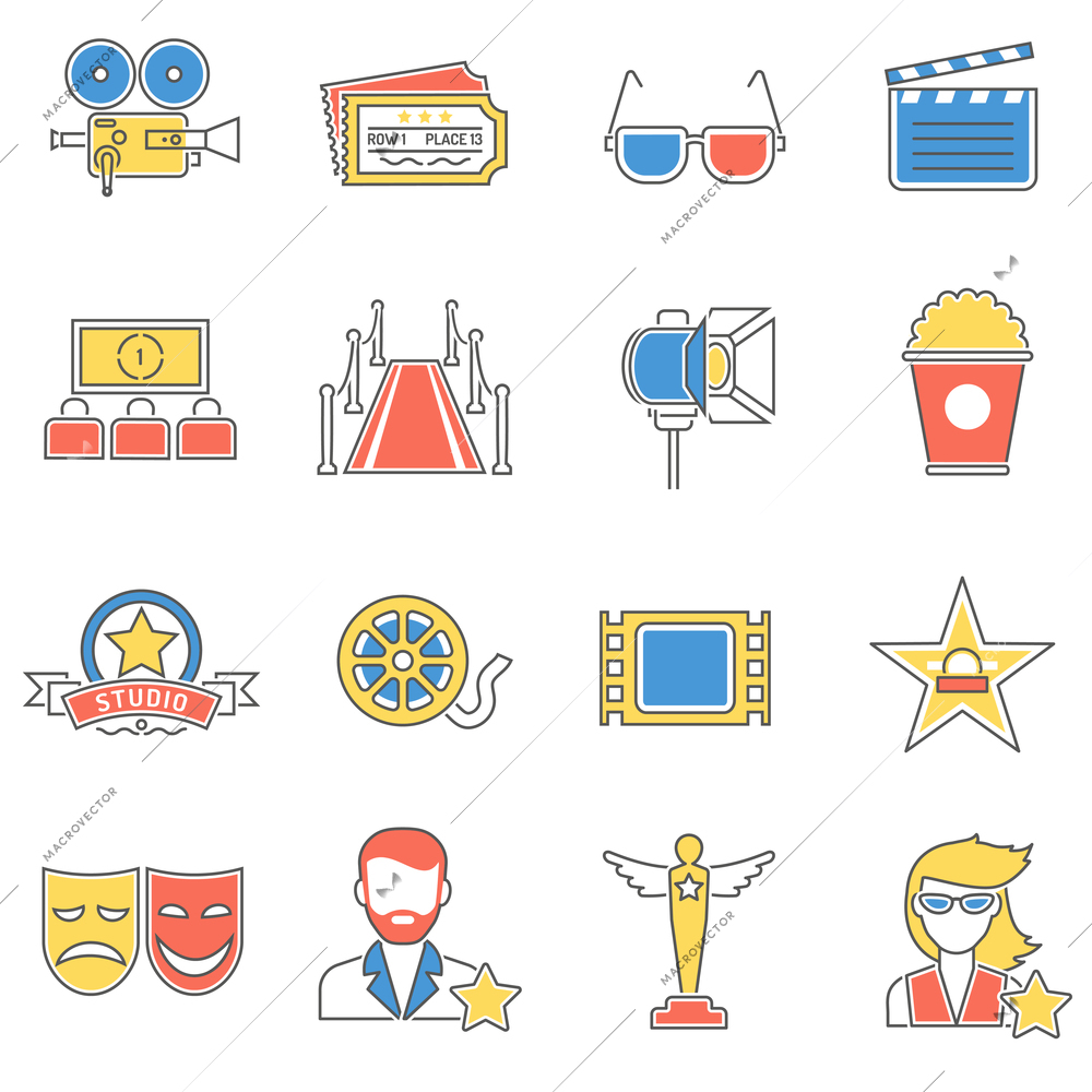 Movie icons line set with theater film reel screen isolated vector illustration