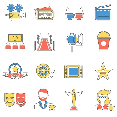 Movie icons line set with theater film reel screen isolated vector illustration