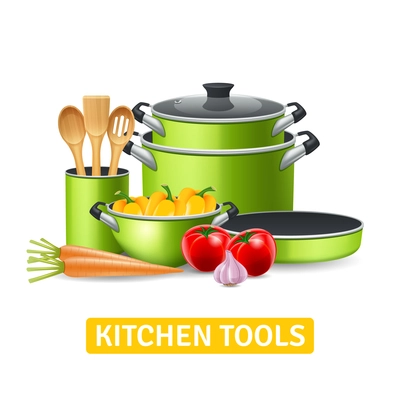 Kitchen tools with vegetables such as onions tomatoes and peppers realistic vector illustration