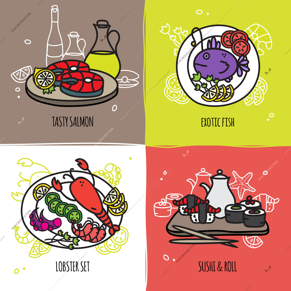 Seafood design concept set with salmon exotic fish lobster set sushi and roll flat isolated vector illustration