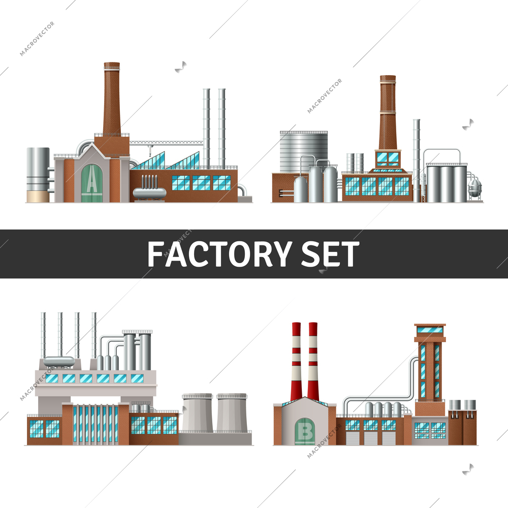 Realistic factory building set with chimneys windows and power isolated vector illustration