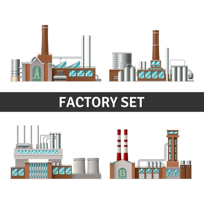 Realistic factory building set with chimneys windows and power isolated vector illustration