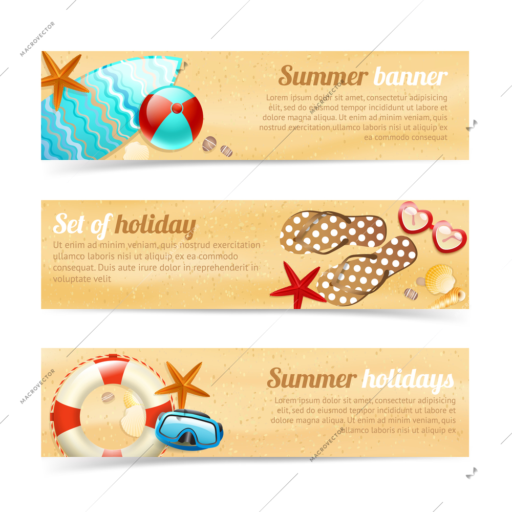 Collection of banners and ribbons with summer holiday vacation design elements isolated vector illustration