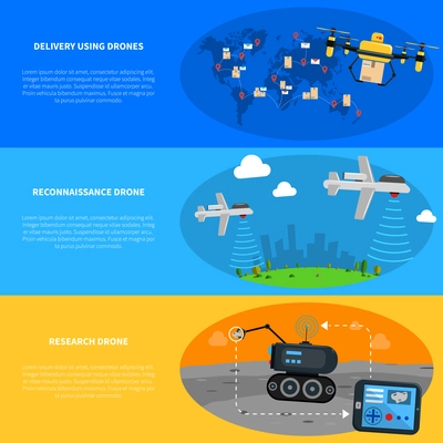 Drones horizontal banners set with delivery reconnaissance and research drones flat isolated vector illustration