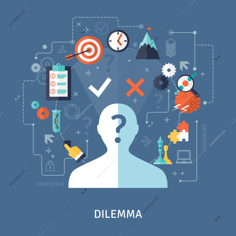 Dilemma concept with target plan and strategy symbols on blue background flat vector illustration