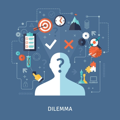 Dilemma concept with target plan and strategy symbols on blue background flat vector illustration