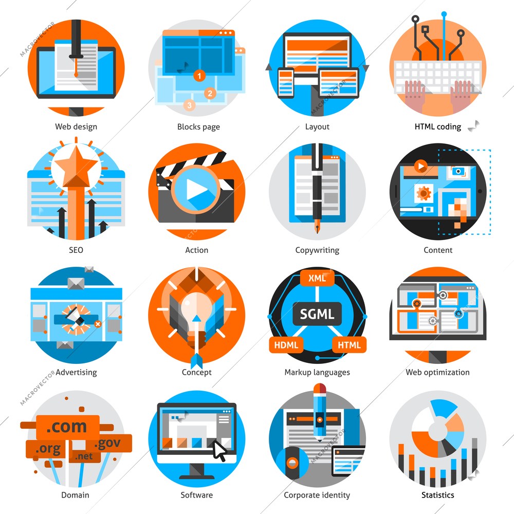 Creative online work round icons set with concept software and action flat isolated vector illustration