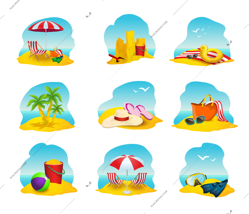 Beach and summer cartoon icons set with umbrella sandcastle and palms isolated vector illustration