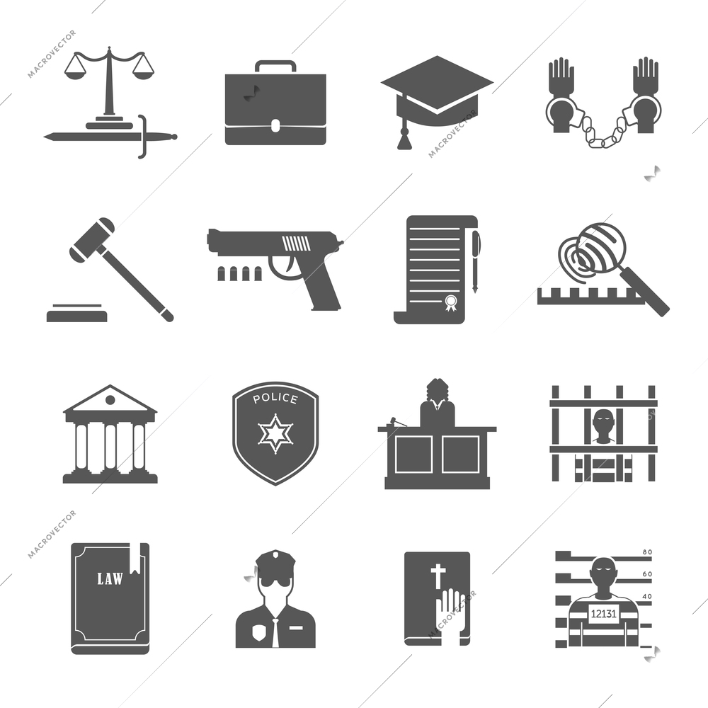 Law enforcement and court black white icons set with lawyers police and criminal flat isolated vector illustration