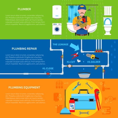 Plumbing horizontal banners set with plumber plumbing repair and equipment symbols flat isolated vector illustration