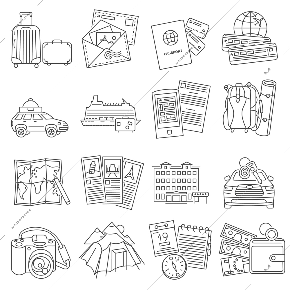 Summer vacation travel symbols pictograms collection of  luggage  passport and sightseeing route line  abstract isolated vector illustration