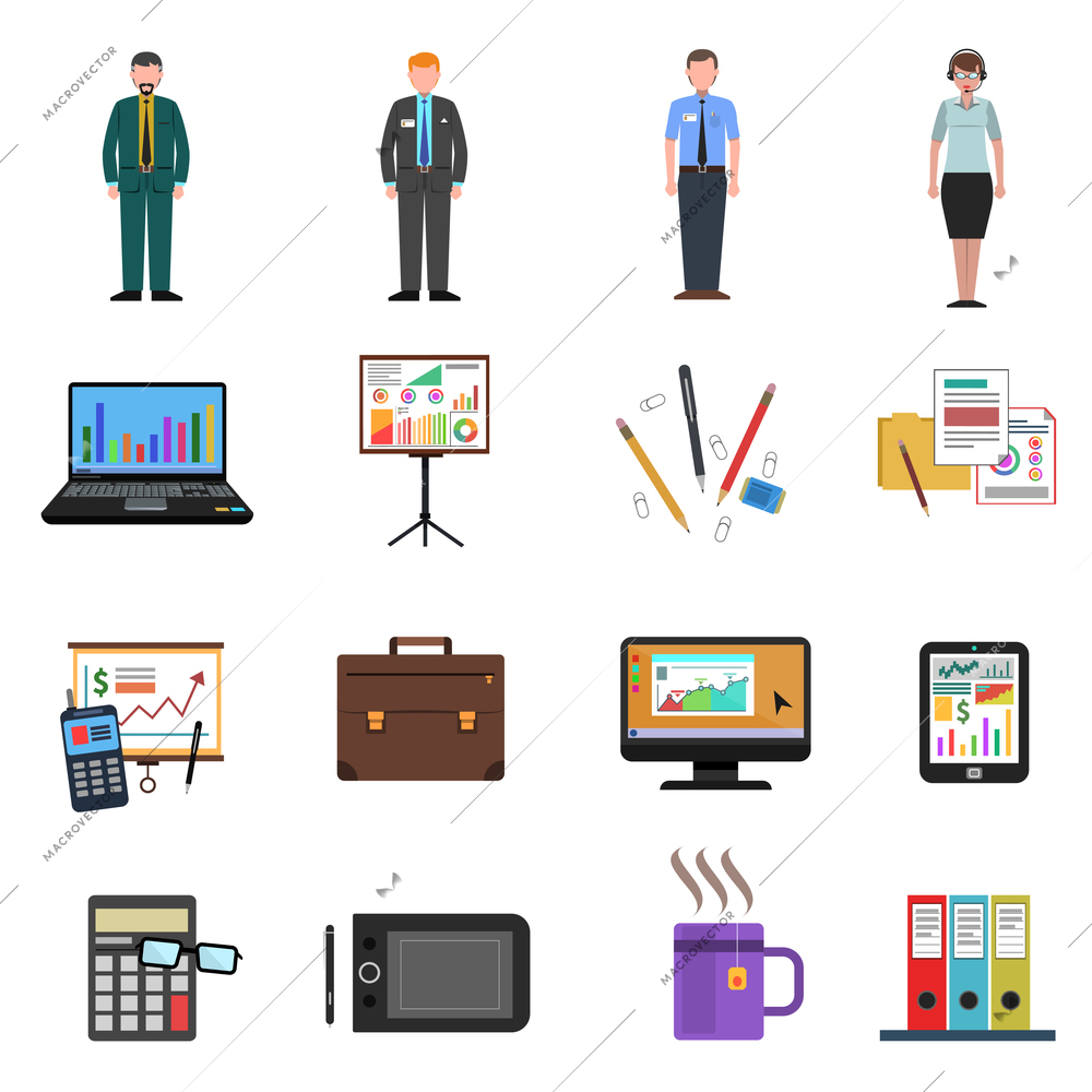 Office icons flat set with worker avatars and stationery symbols isolated vector illustration