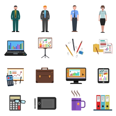 Office icons flat set with worker avatars and stationery symbols isolated vector illustration