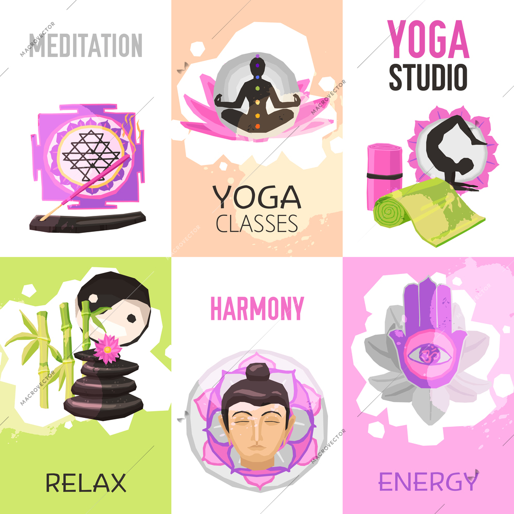 Yoga mini poster set with relax and meditation symbols isolated vector illustration