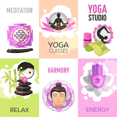 Yoga mini poster set with relax and meditation symbols isolated vector illustration