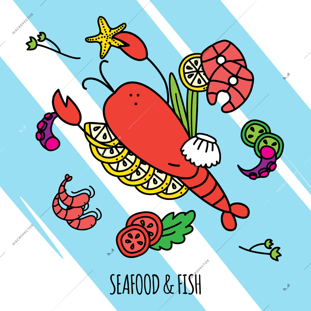 Seafood and fish concept illustration with lobster shrimps and salmon flat vector illustration