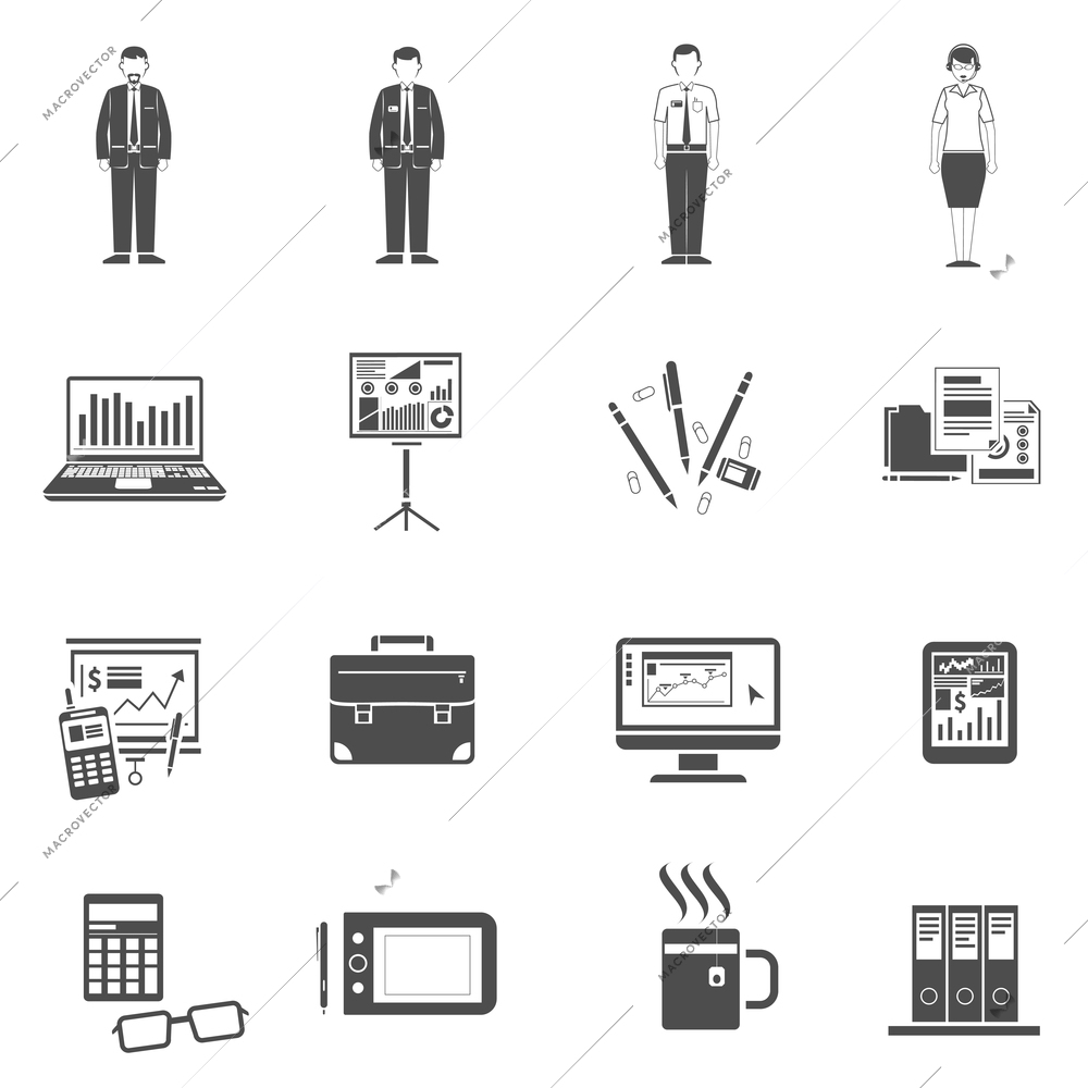 Office life icons black set with business process equipment isolated vector illustration