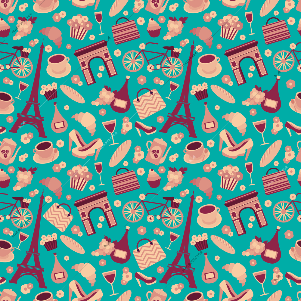 Seamless pattern background with Paris landmarks and France symbols vector illustration