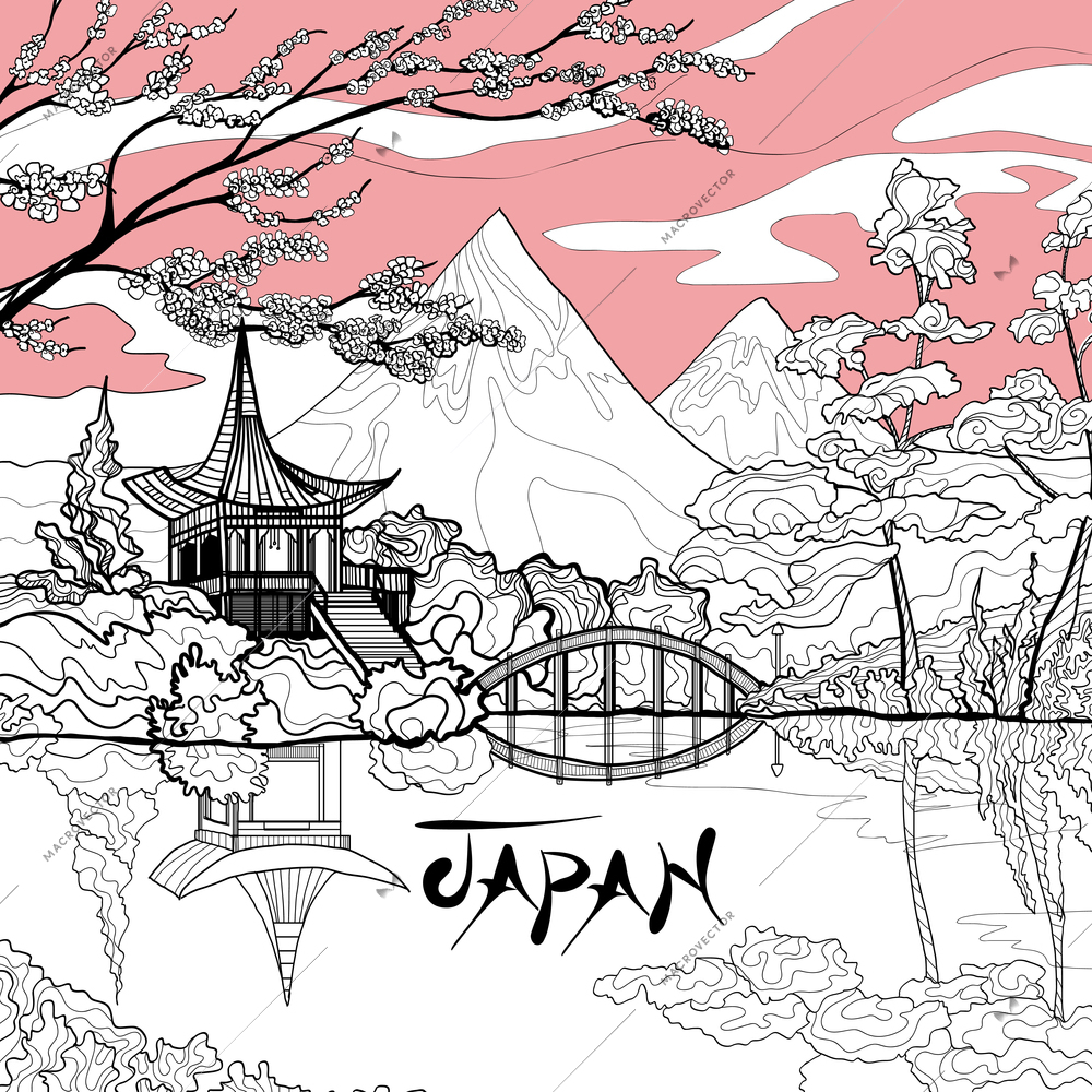 Japan landscape background with sketch pagoda sakura branch and mountains on background vector illustration