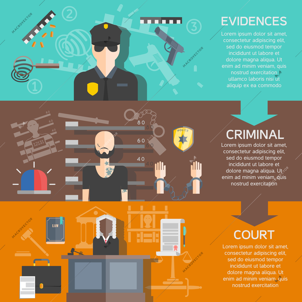 Justice and court horizontal banners set with evidences and criminal flat isolated vector illustration